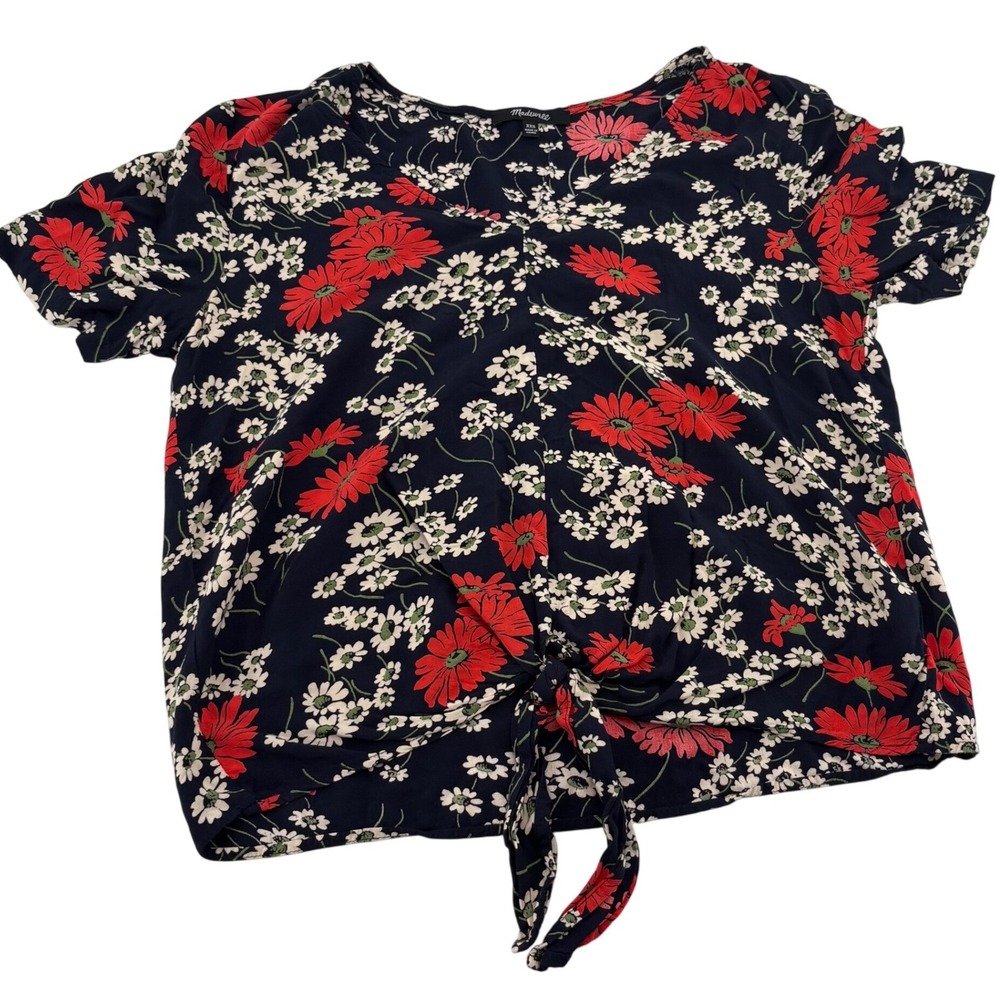 Madewell Womens XXS Black Red Floral Daisy Tie Front V-Neck Short Sleeve Blouse